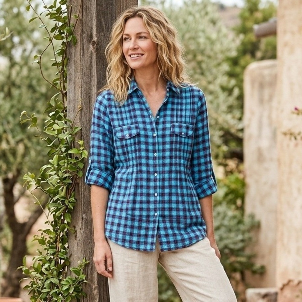 Sundance Plaid Shirt Womens M Blue Purple Pintuck Button Down Roll Tab Sleeve